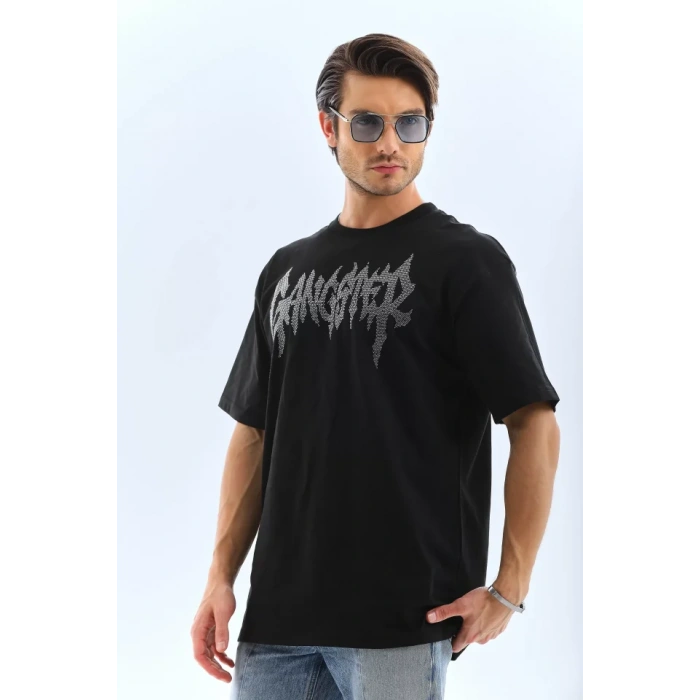 Unisex Oversize Taşlı Bisiklet Yaka Thirt  iyah