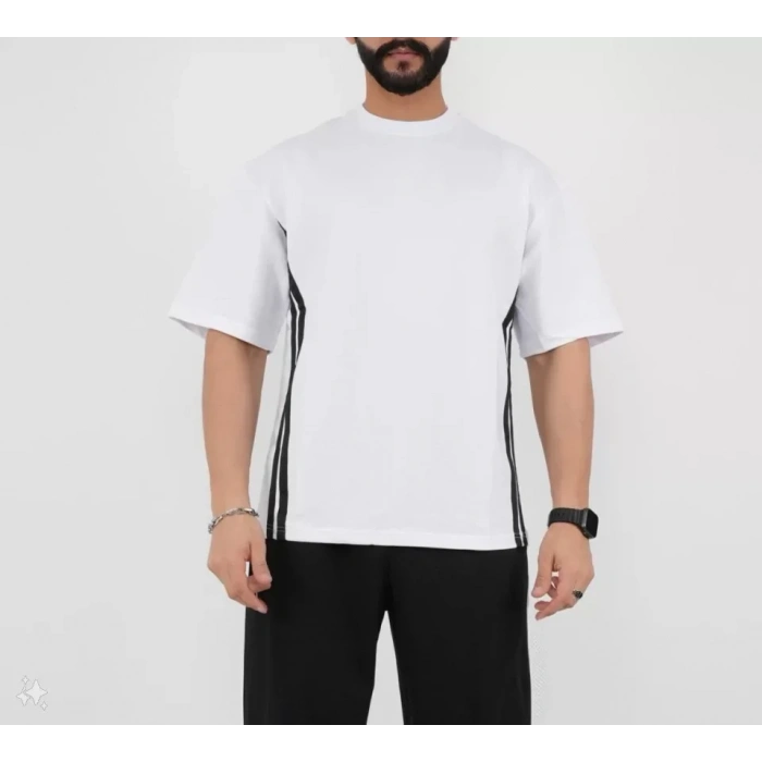 Unisex Oversize Yanları Şeritli Thirt  Beyaz