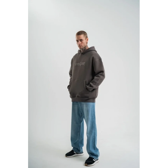 Unisex Üç İplik Kapşonlu Nakışlı weathirt  Füme