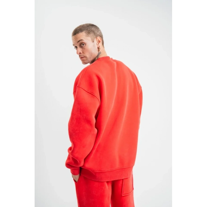 Unisex Uzun Kol Bisiklet Yaka Yıkamalı weathirt  Kırmızı