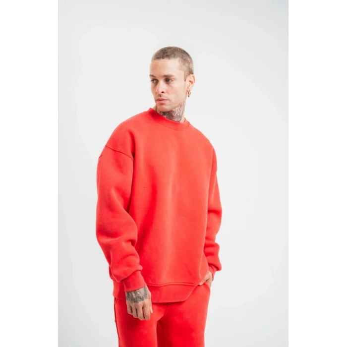 Unisex Uzun Kol Bisiklet Yaka Yıkamalı weathirt  Kırmızı