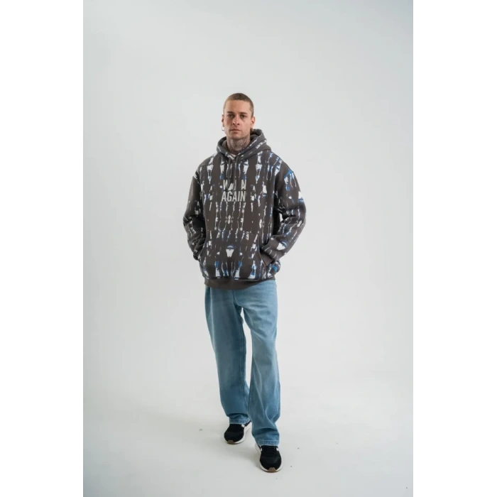 Unisex Uzun Kol Kapşonlu Pano Baskılı weathirt  Füme