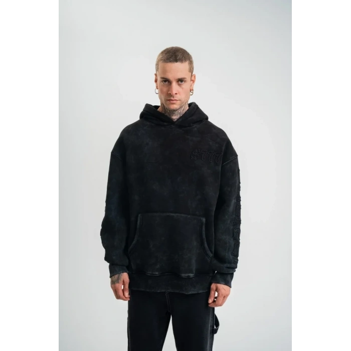 Unisex Uzun Kol Kapşonlu Yıkamalı Nakışlı weathirt  iyah