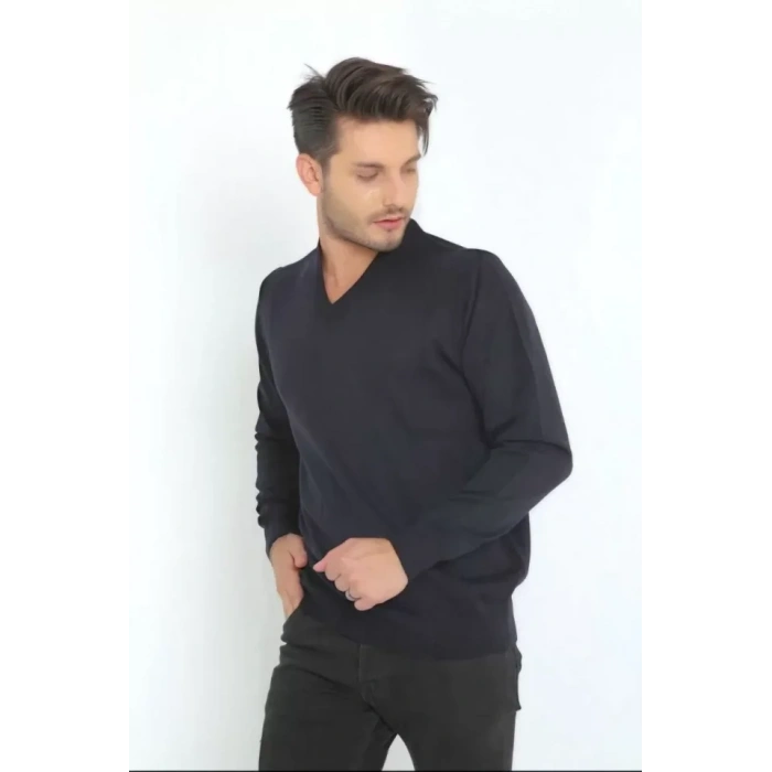 Unisex Uzun Kol V Yaka Triko Kazak  acivert