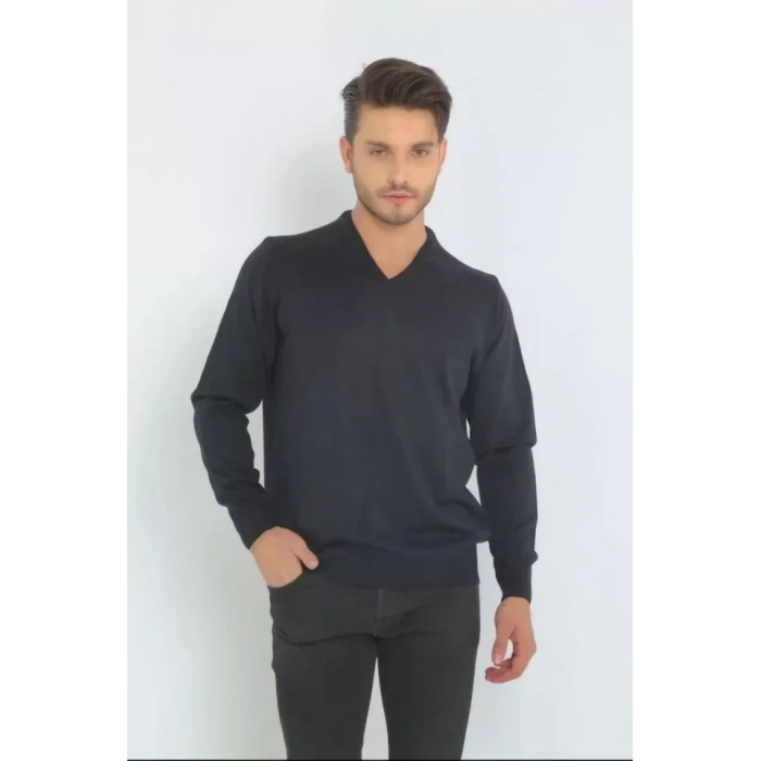 Unisex Uzun Kol V Yaka Triko Kazak  acivert