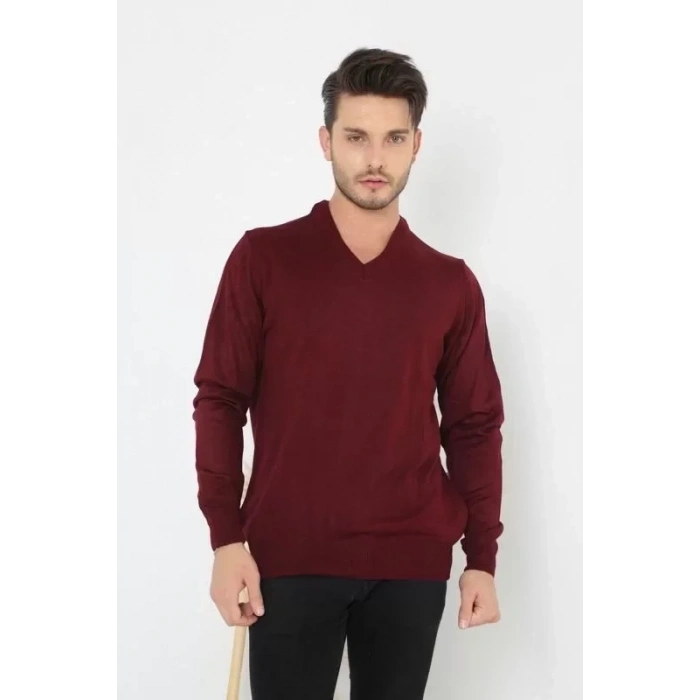 Unisex Uzun Kol V Yaka Triko Kazak  Bordo