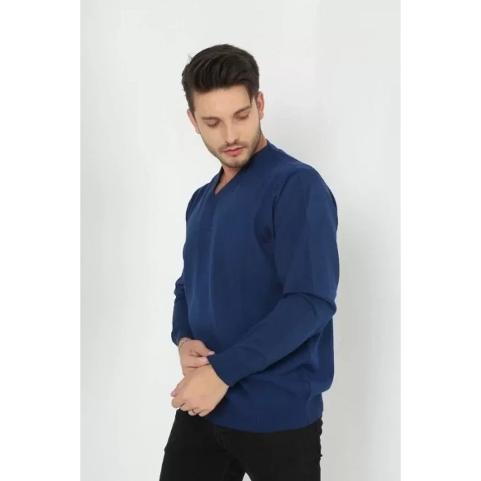 Unisex Uzun Kol V Yaka Triko Kazak  Indigo
