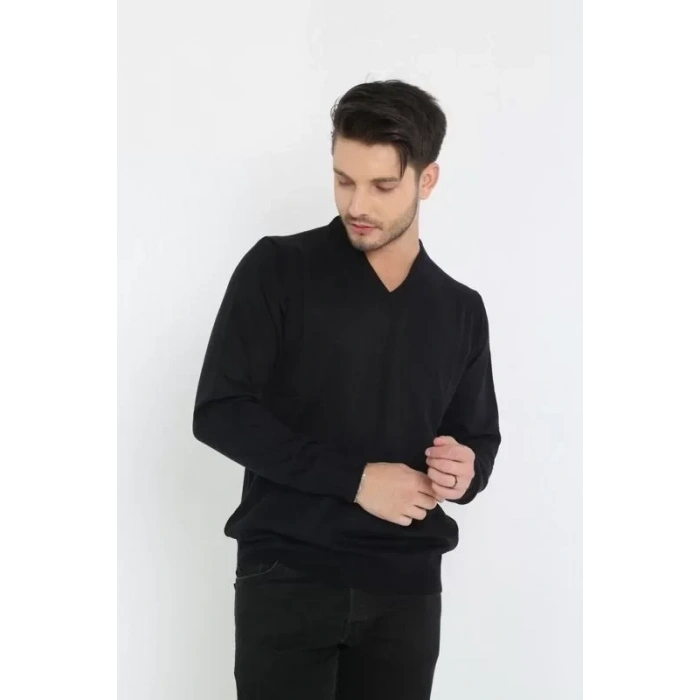 Unisex Uzun Kol V Yaka Triko Kazak  Siyah