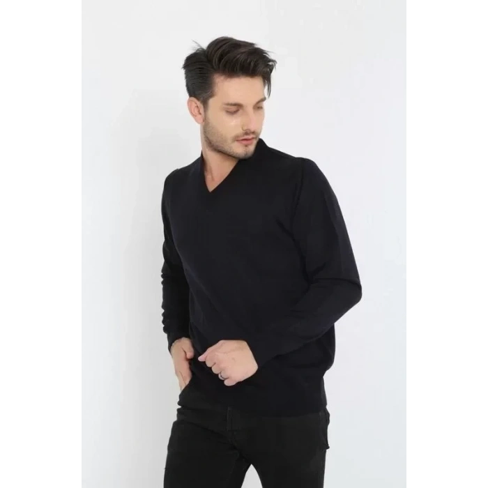 Unisex Uzun Kol V Yaka Triko Kazak  Siyah