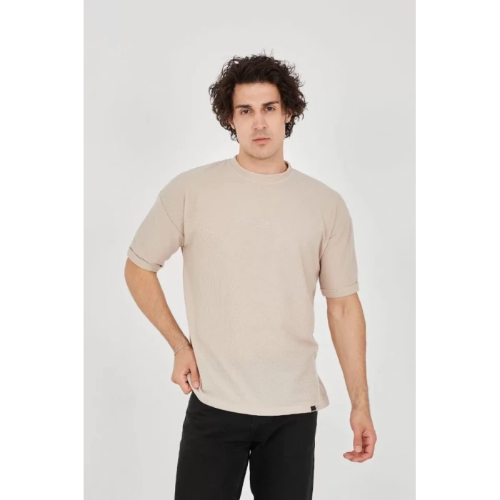 Unisex Waffle Kumaş Rahat Kol Thirt  Bej
