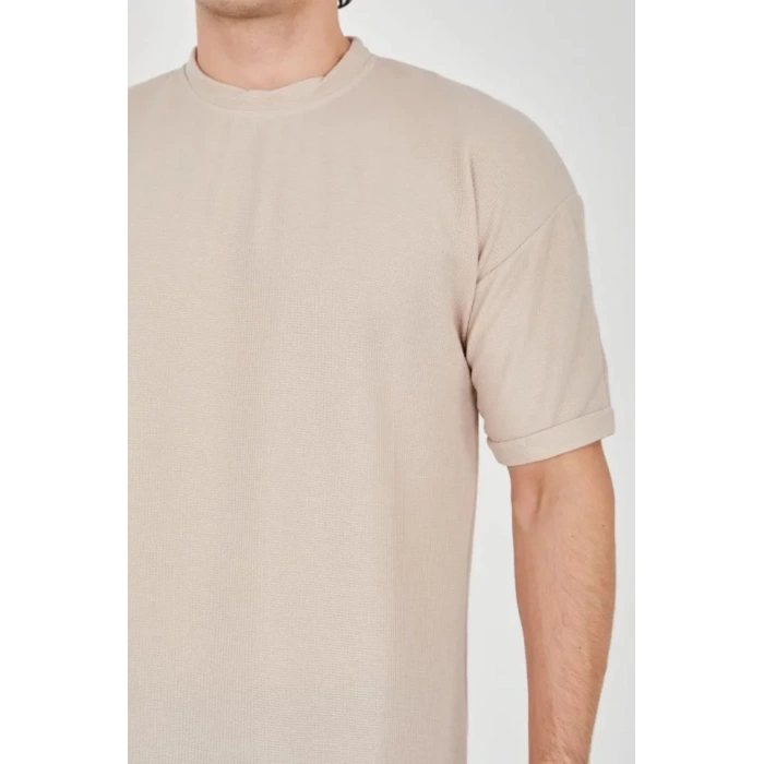 Unisex Waffle Kumaş Rahat Kol Thirt  Bej