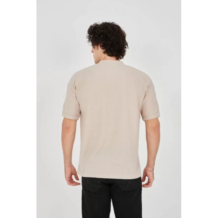 Unisex Waffle Kumaş Rahat Kol Thirt  Bej