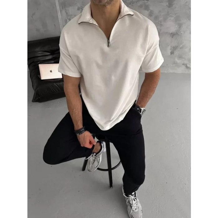 Unisex Yarım Fermuarlı Basic Thirt  Beyaz