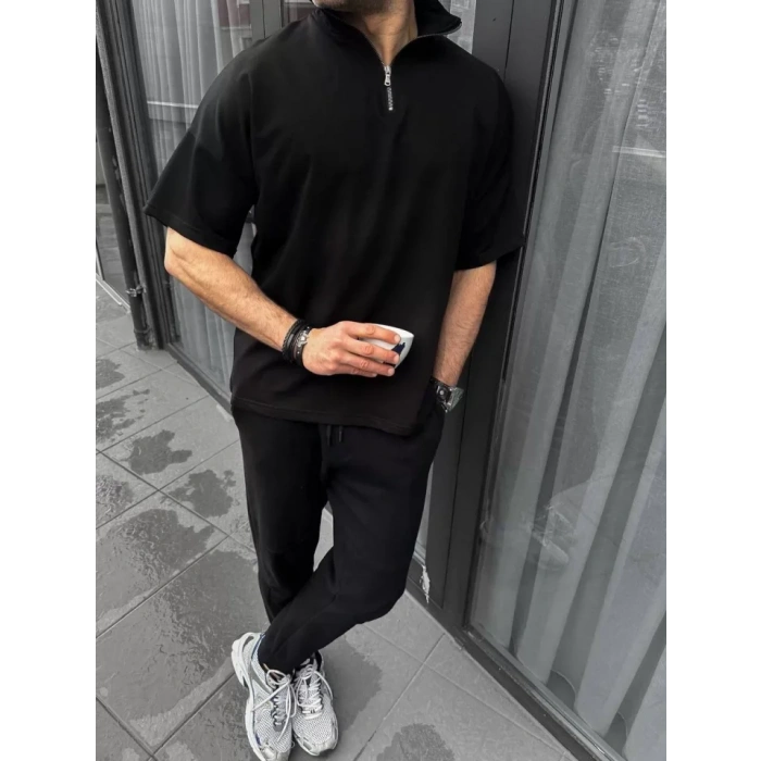 Unisex Yarım Fermuarlı Basic Thirt  iyah