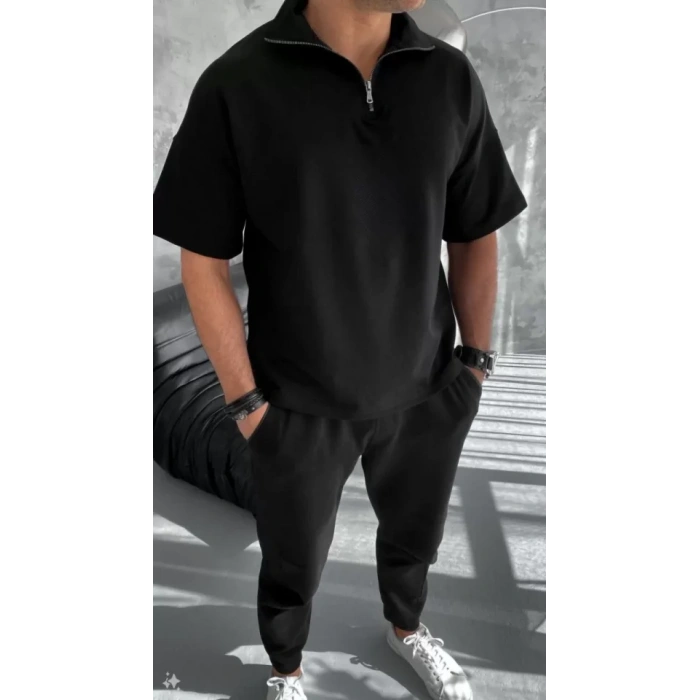 Unisex Yarım Fermuarlı Basic Thirt  iyah