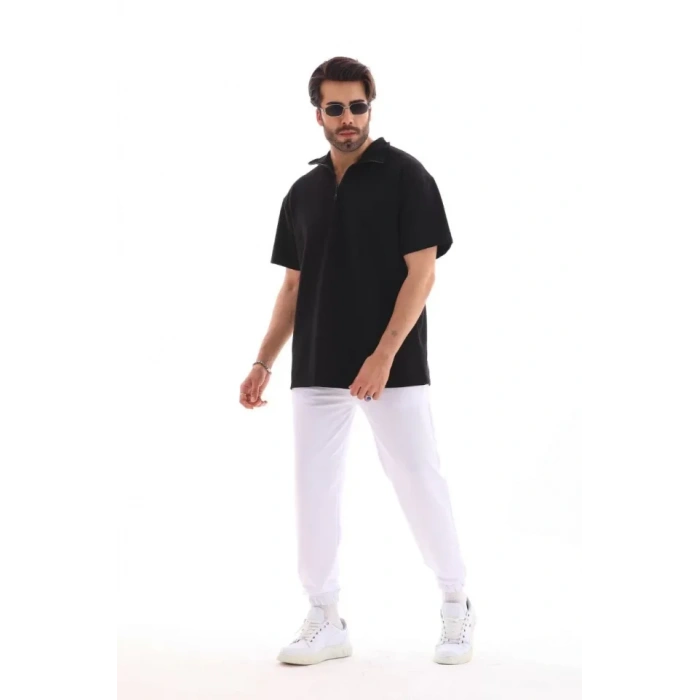 Unisex Yarım Fermuarlı Düz Oversize Tshirt  iyah