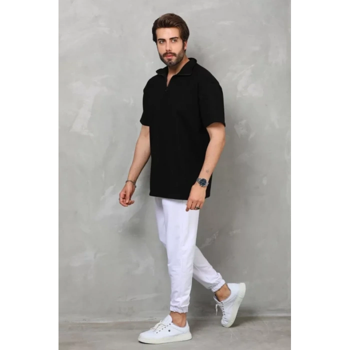 Unisex Yarım Fermuarlı Düz Oversize Tshirt  iyah