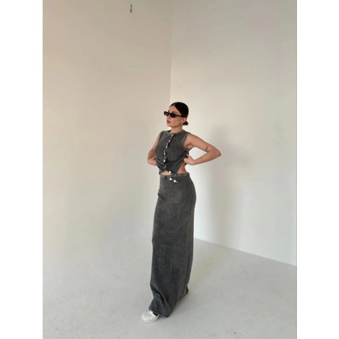 Uzun Etekli Önü Düğmeli Badi İkili Takım Antrasit