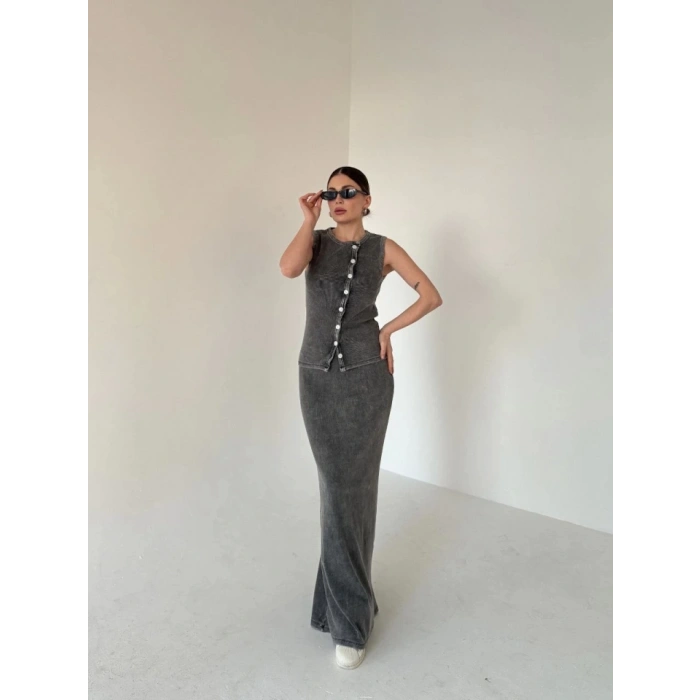 Uzun Etekli Önü Düğmeli Badi İkili Takım Antrasit