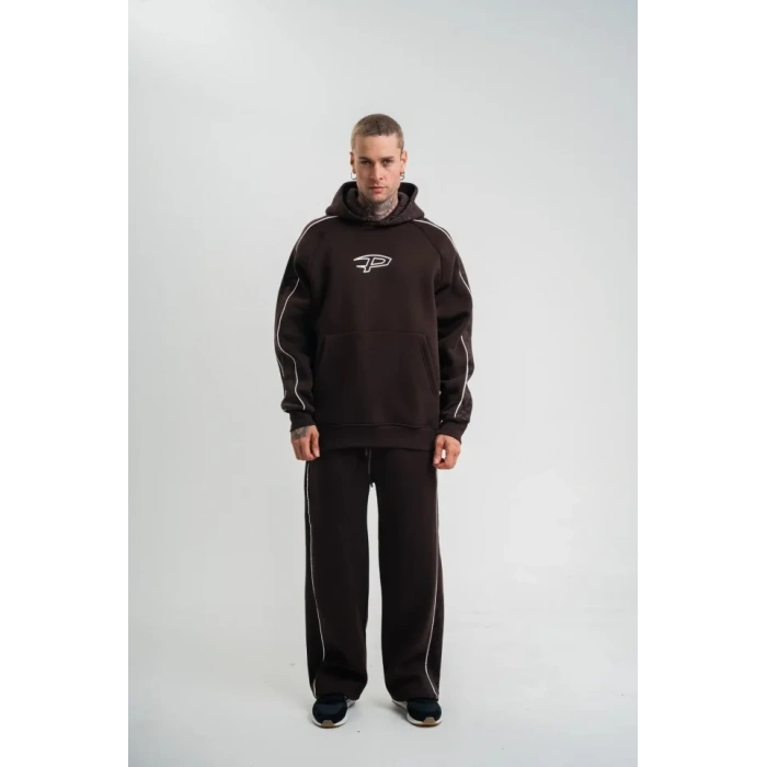 Uzun Kol Kapşonlu Ara Biyeli Baggy Eşofman Takım  Kahve