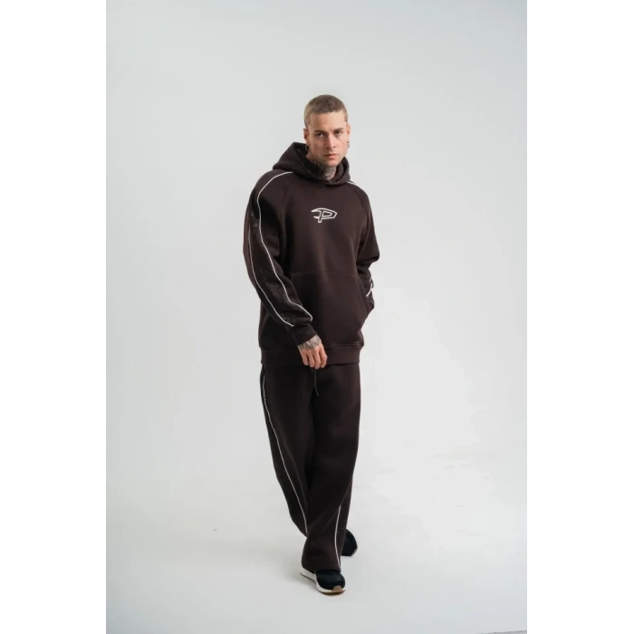 Uzun Kol Kapşonlu Ara Biyeli Baggy Eşofman Takım  Kahve