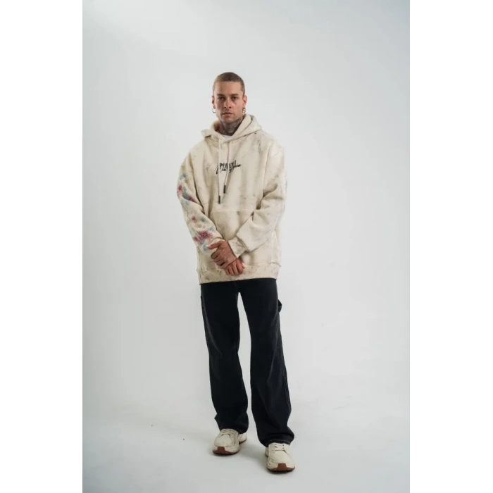 Uzun Kol Kapşonlu Yıkamalı Baskılı weathirt  Krem