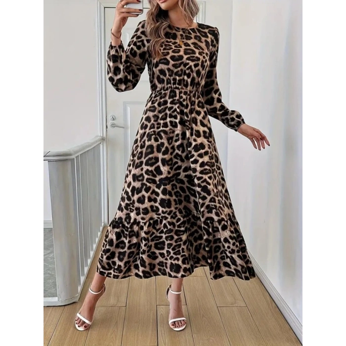 Uzun Kollu Bisiklet Yaka Leopar Desenli Midi Süprem Elbise