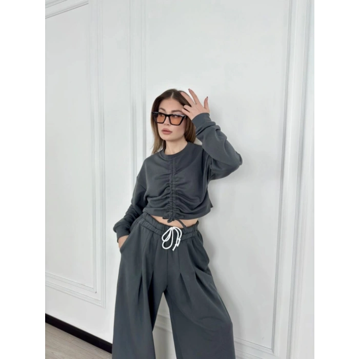 Uzun Kollu Önü İp Büzgülü Crop Ve Pantolon İkili Takım  Antrasit