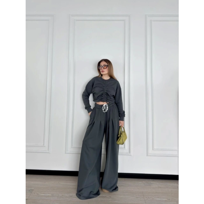 Uzun Kollu Önü İp Büzgülü Crop Ve Pantolon İkili Takım  Antrasit