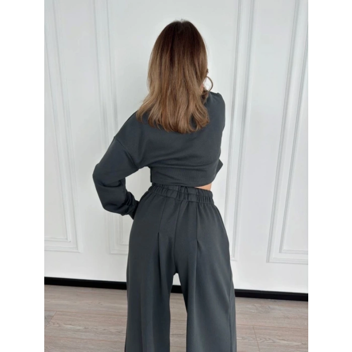 Uzun Kollu Önü İp Büzgülü Crop Ve Pantolon İkili Takım  Antrasit