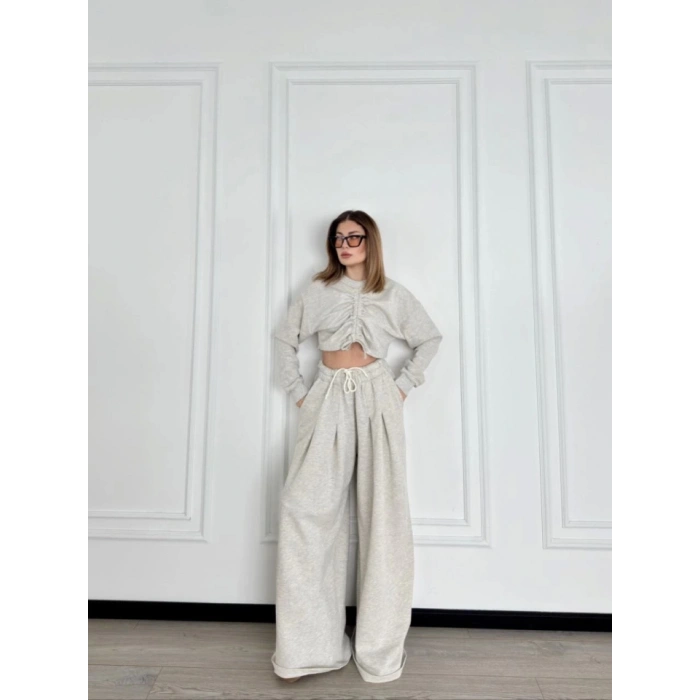 Uzun Kollu Önü İp Büzgülü  Crop Ve Pantolon İkili Takım  Gri
