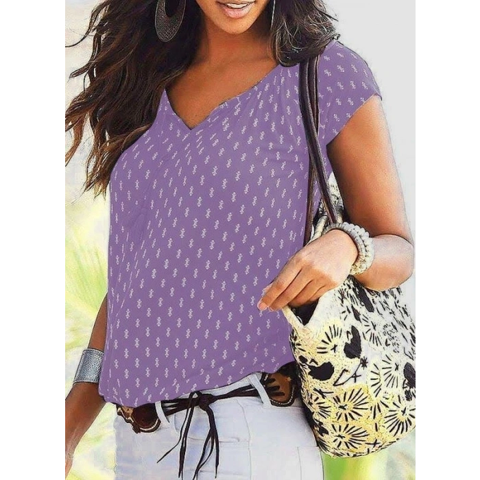 V Yaka Baskılı Mikro Kumaş Bluz