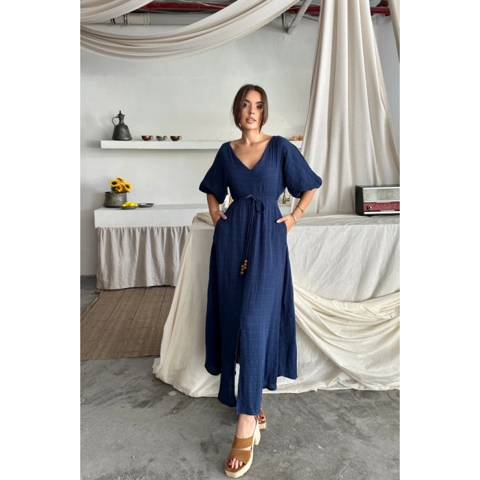 V YAKA BEL BONCUK BAĞLAALI ÜLİN ELBİE YIRTAÇ DETAYLI  Lacivert