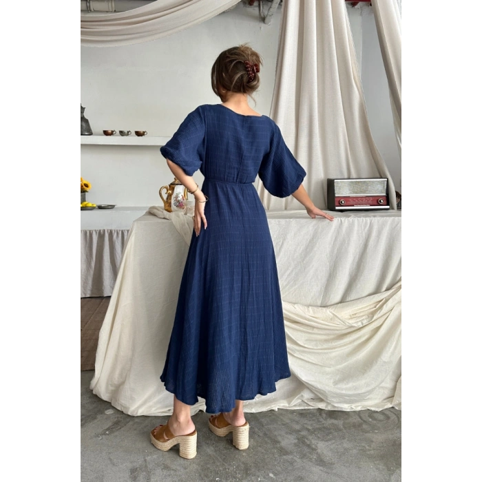 V YAKA BEL BONCUK BAĞLAALI ÜLİN ELBİE YIRTAÇ DETAYLI  Lacivert