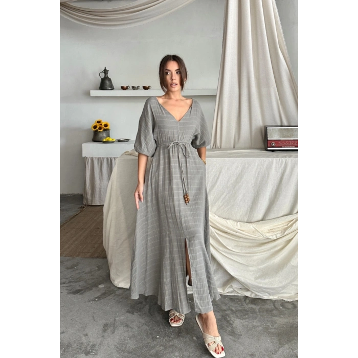 V YAKA BEL BONCUK BAĞLAMALI MÜLİN ELBİE YIRTMAÇ DETAYLI  Gri