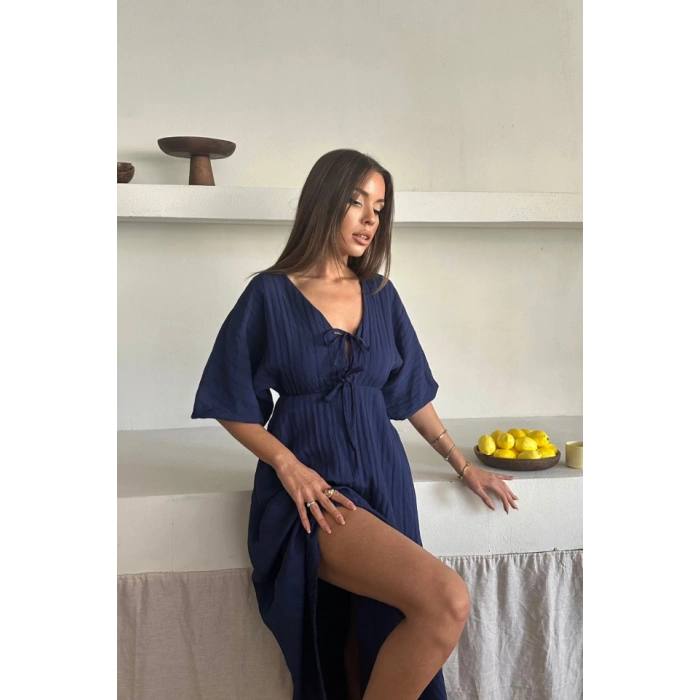 V YAKA DÖKÜLÜ ELBİSE  Lacivert