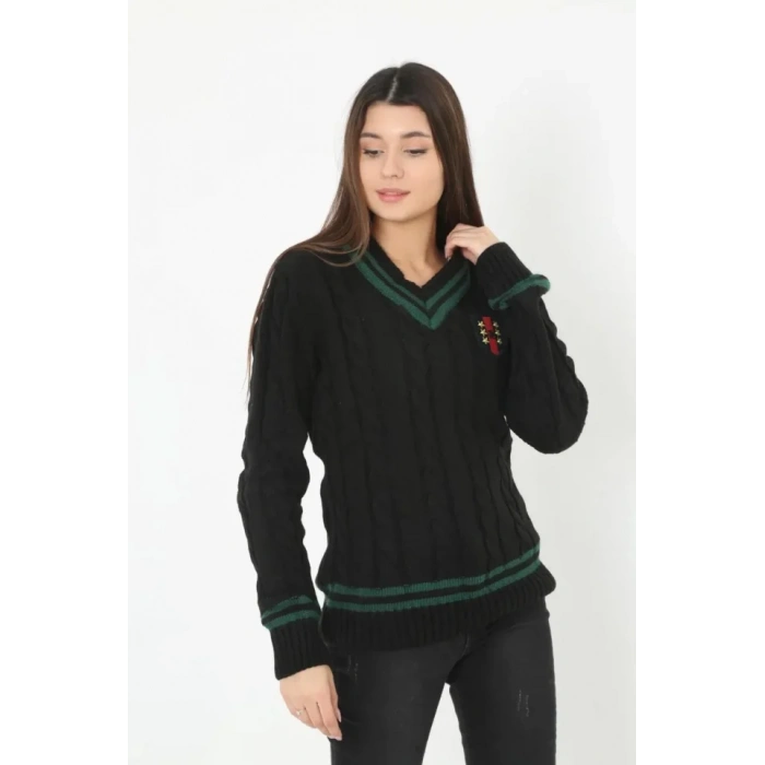 V Yaka Örgülü Kazak  Siyah