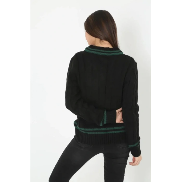 V Yaka Örgülü Kazak  Siyah