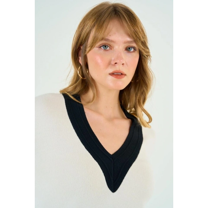 V Yaka Triko Kazak  KremSiyah