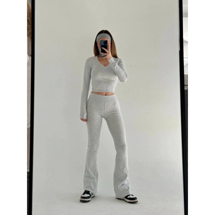 V Yaka Uzun Kollu Bluz İspanyol Paçalı Tayt İkili Takım  Gri