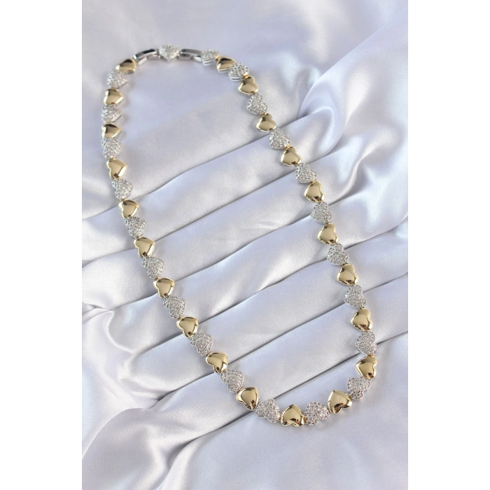 Vip Seri Pirinç Çift Renk Zirkon Taşlı Kalp Tasarımlı Kolye