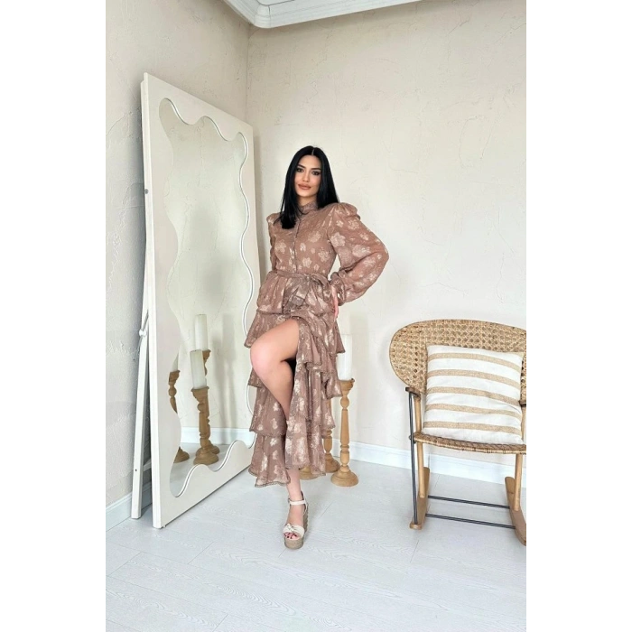 Vizon Valonlu Şeritli Kat Kat Elbise