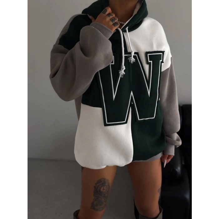 W Nakış İşlemeli Kapüşonlu weatshirt  Yeşil
