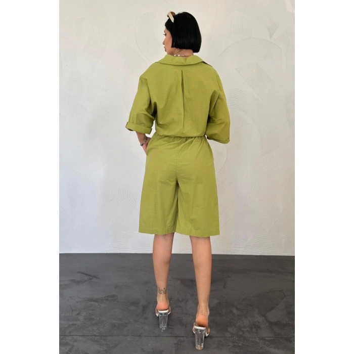 Yağ Yeşili Kısa Kollu Keten Gömlek Ve Şort Takım