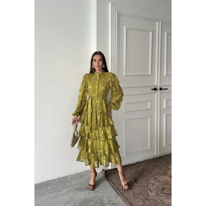 Yağ Yeşili Valonlu Şeritli Kat Kat Elbise