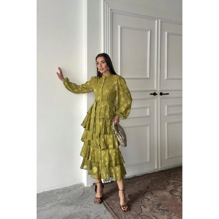 Yağ Yeşili Valonlu Şeritli Kat Kat Elbise