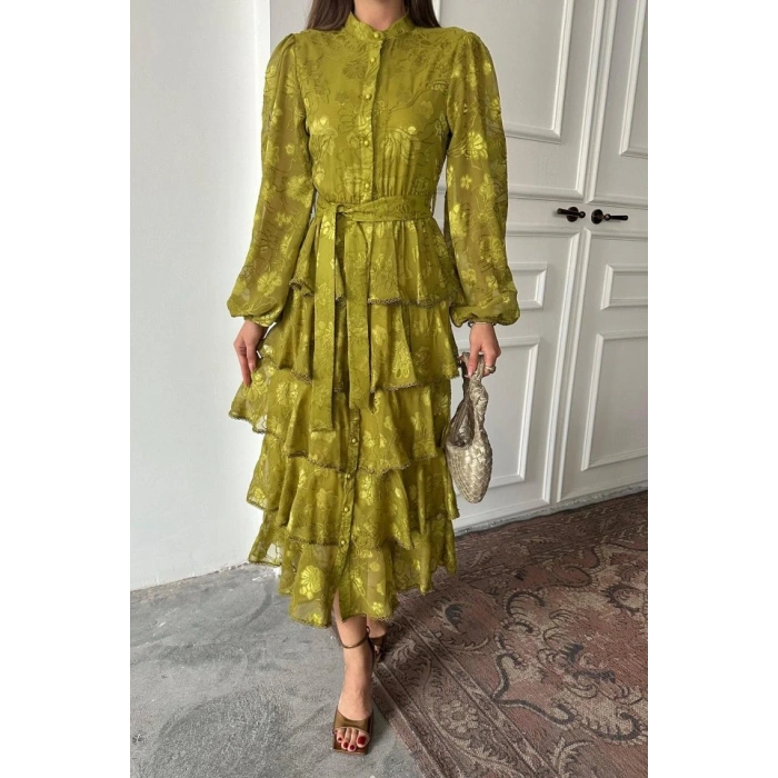 Yağ Yeşili Valonlu Şeritli Kat Kat Elbise