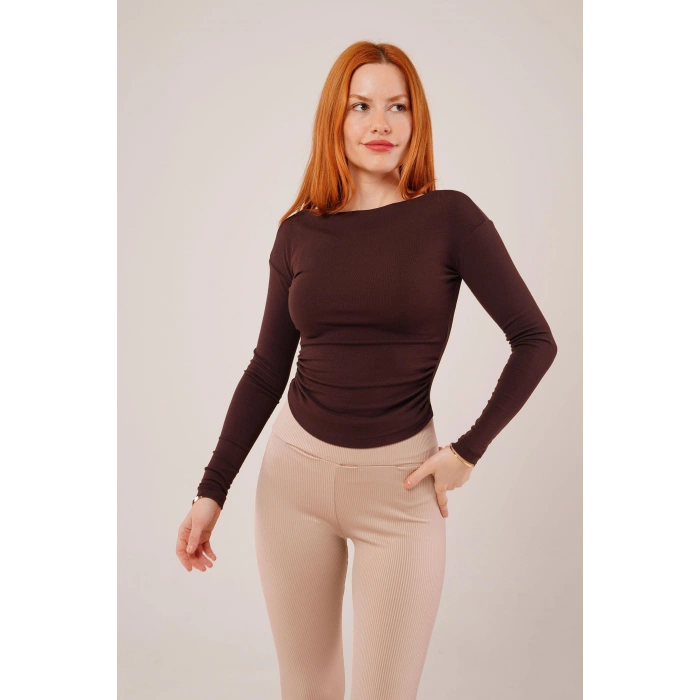 Yaka Detay Uzun Kollu Basic Kahverengi Bluz