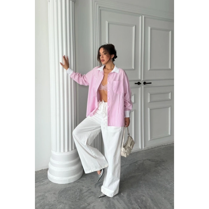 YAKA VE ANŞET BEYAZBOYFRİEND ÇİZGİİPOPİN GÖEK  Pembe