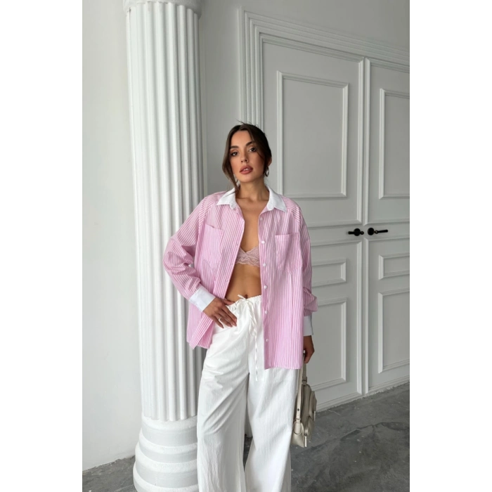 YAKA VE ANŞET BEYAZBOYFRİEND ÇİZGİİPOPİN GÖEK  Pembe